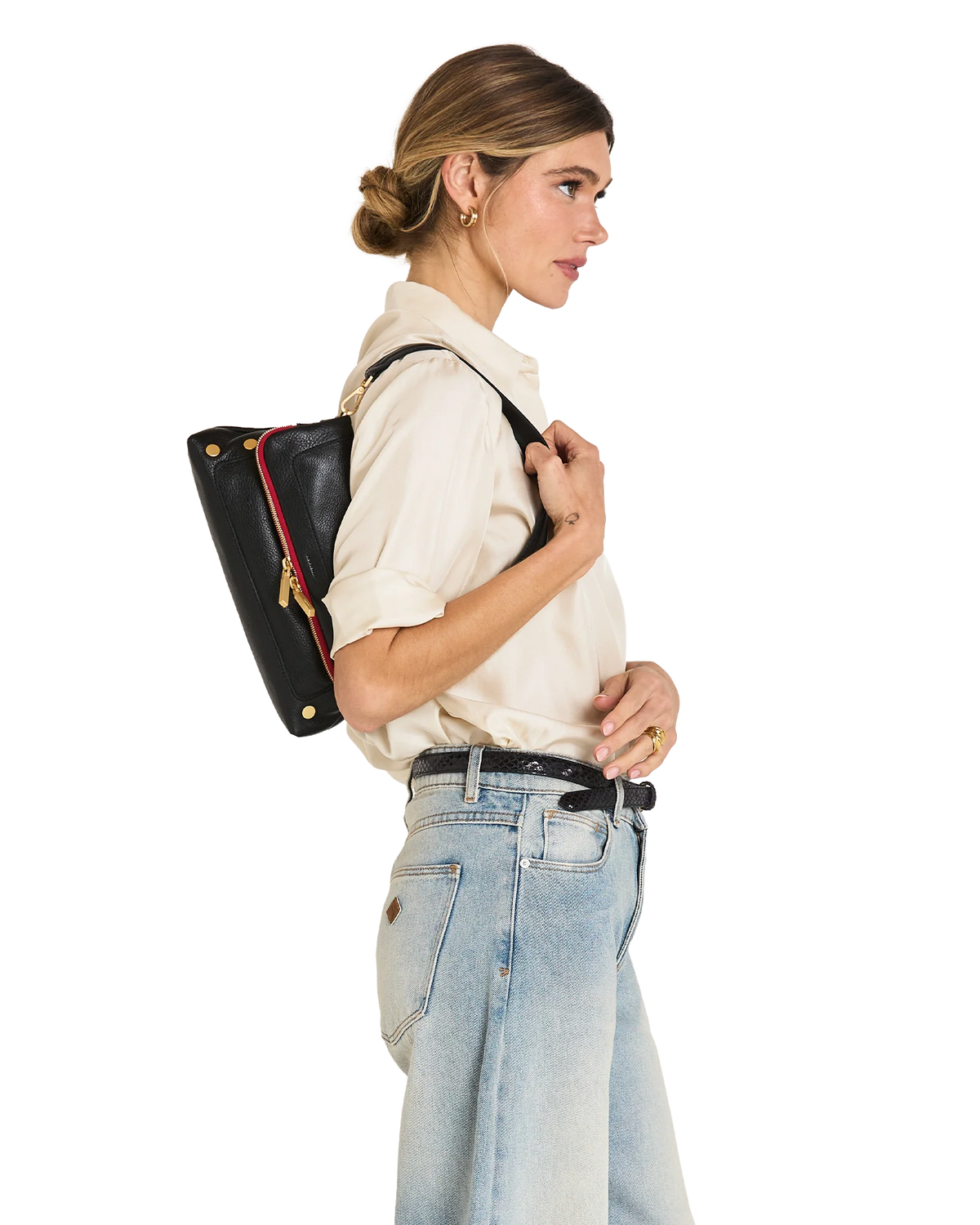 Hammitt Beverly Med - Black/Brushed Gold Red Zip