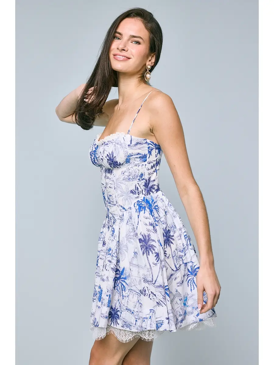 Blue Palm Tree Lace Down Fit & Flare Mini Dress