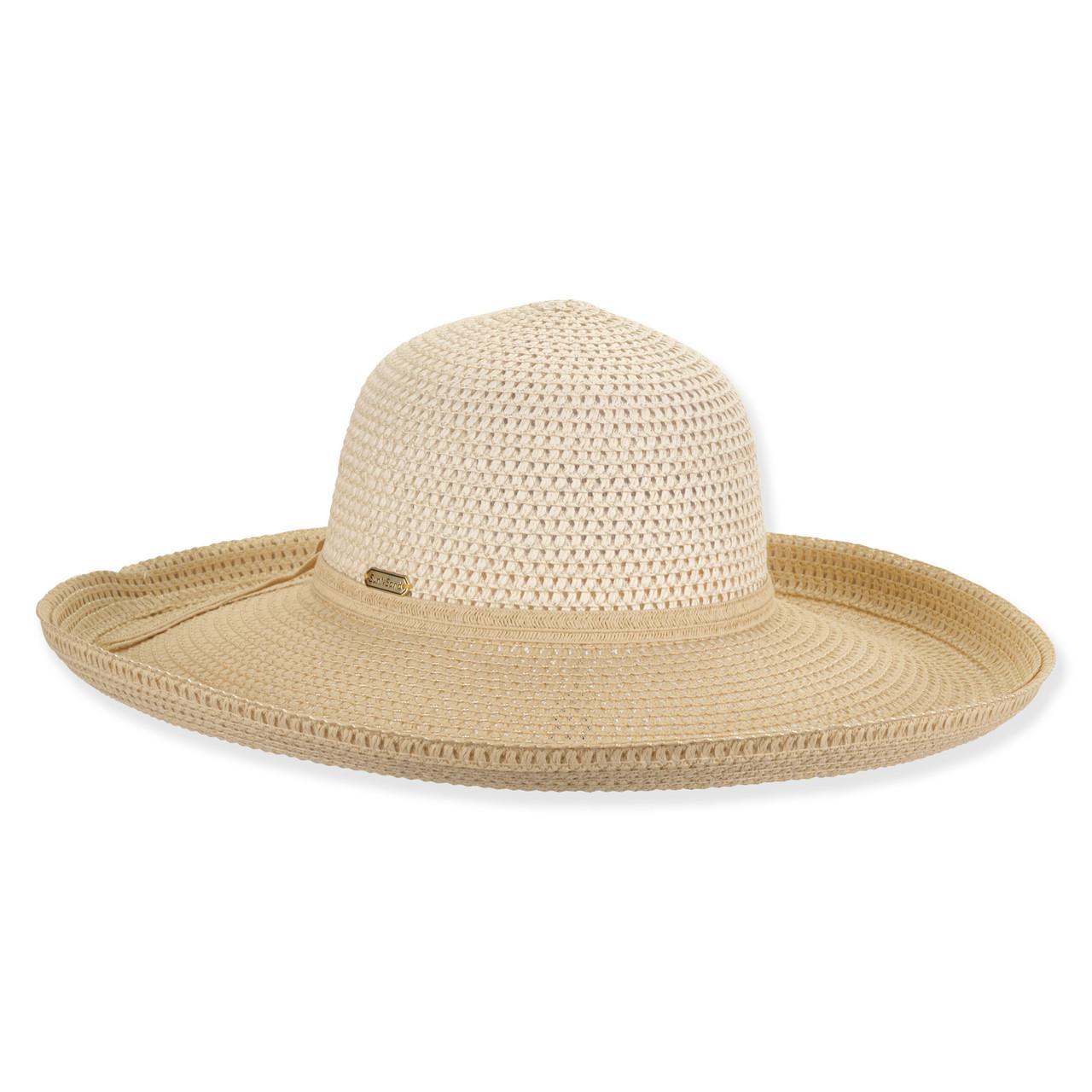 Womens Paper Straw Hat Up Brim w/ 1.5" Upturn - Beige & Ivory