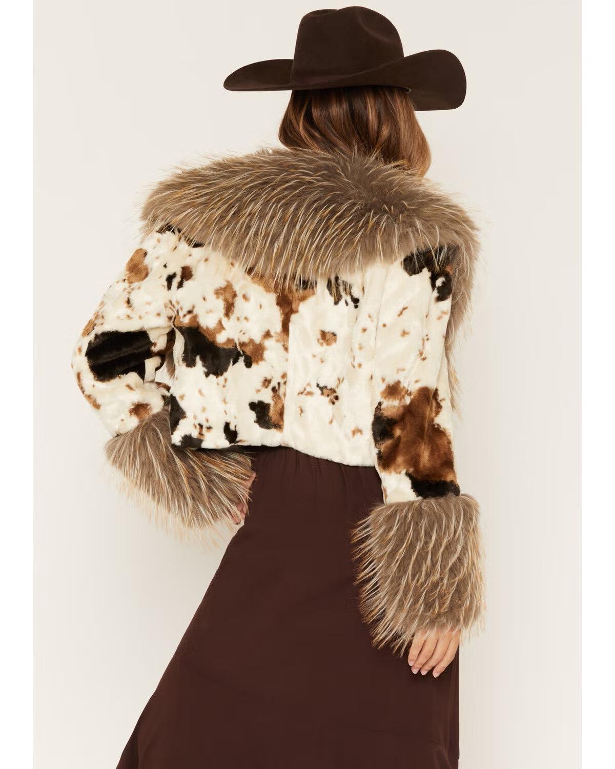 Azalea Wang Bree Cow Faux Fur Shawl Collar Cropped Coat - Brown Multi