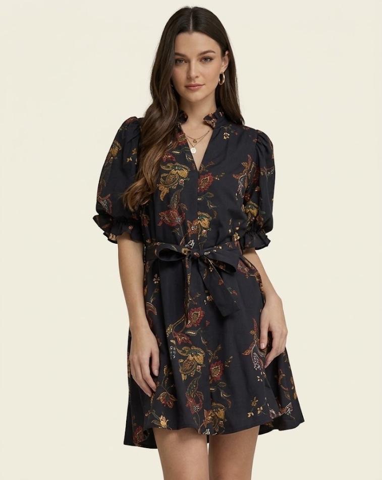 Floral Puff-Sleeve Belted Mini Dress - Black