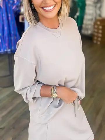 Solid Color Drop Shoulder Pullover & Drawstring Mini Skirt 2-Piece Outfit