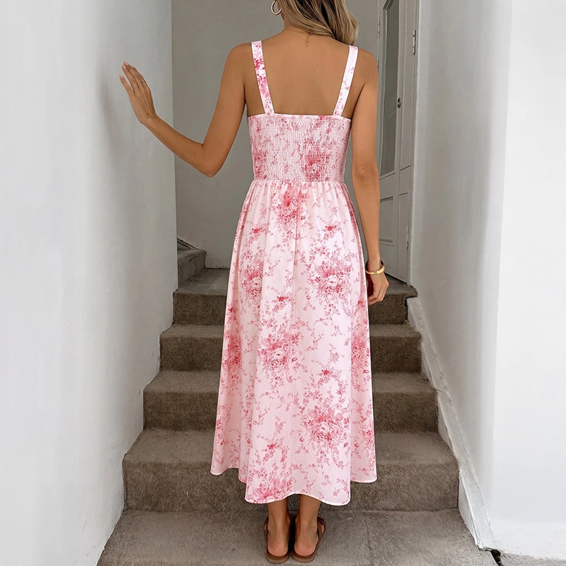 Pink Floral Square Neck Sleeveless Maxi Dress