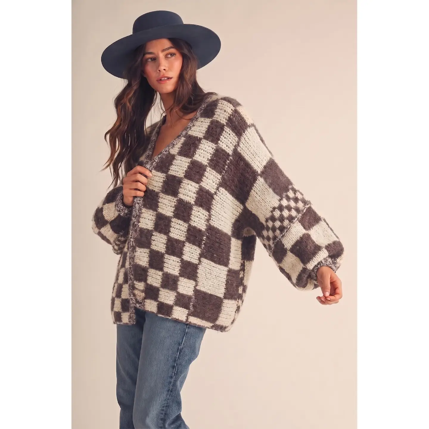 Cozy Oversized Checkerboard Knit Cardigan - Mocha/Latte