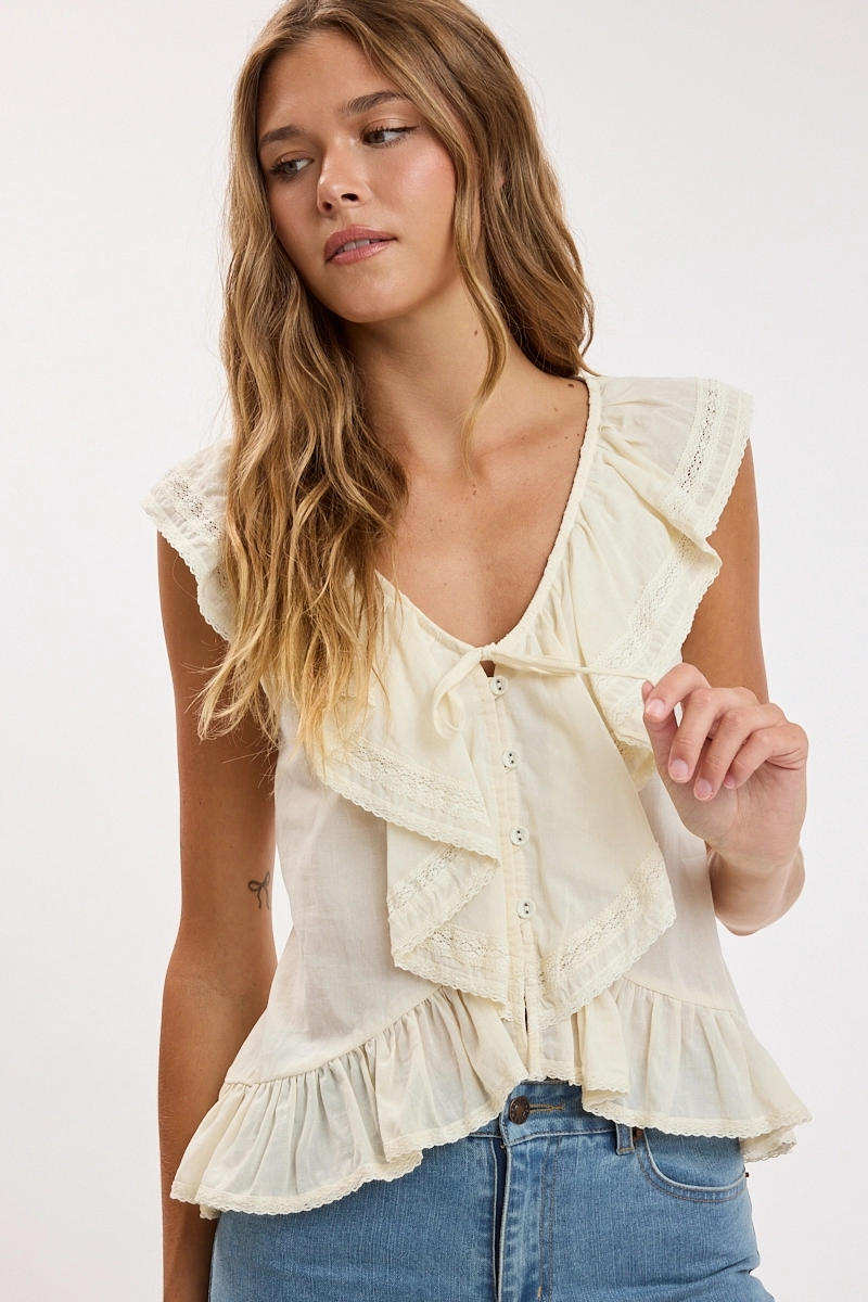 Cascading Ruffle Lace Soft Color Cap Sleeve Top