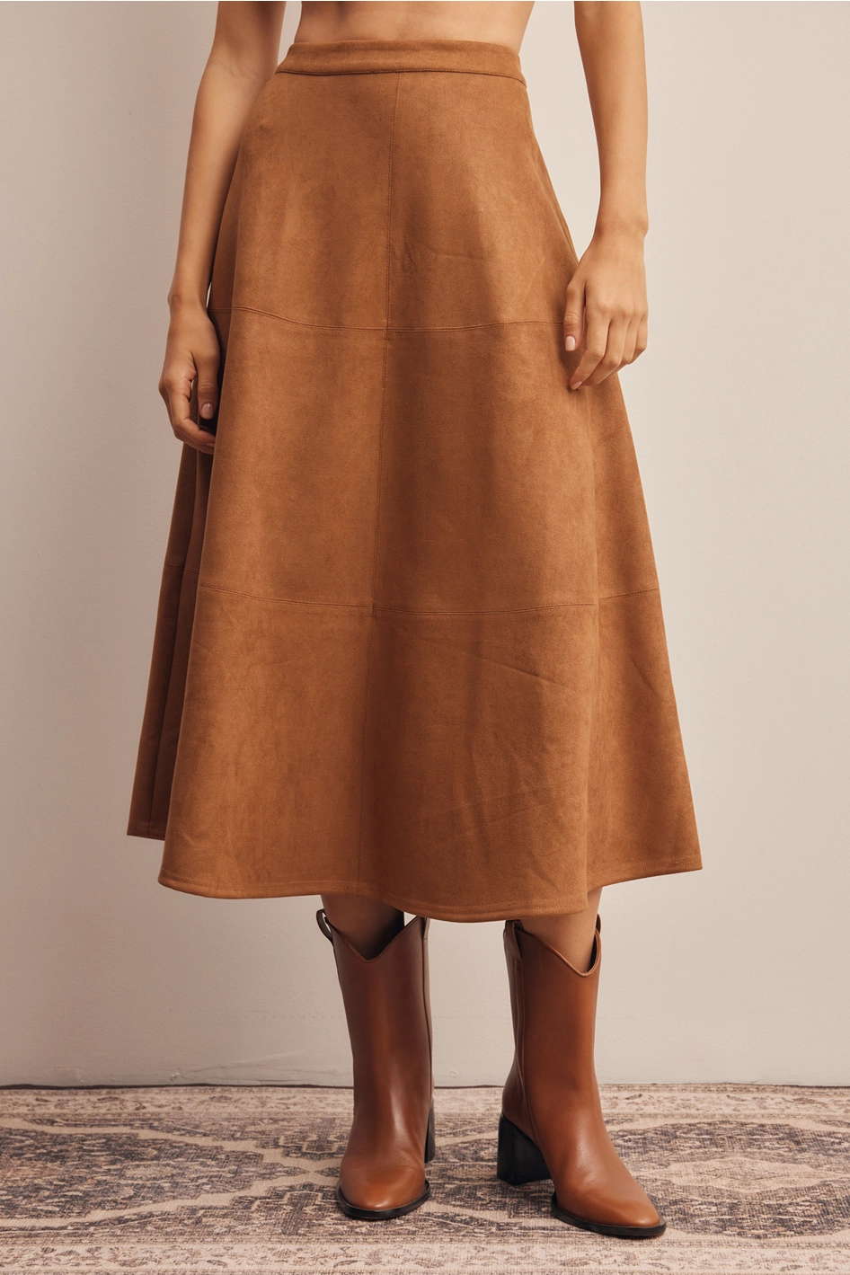 Stretched Suede A-Line Midi Skirt