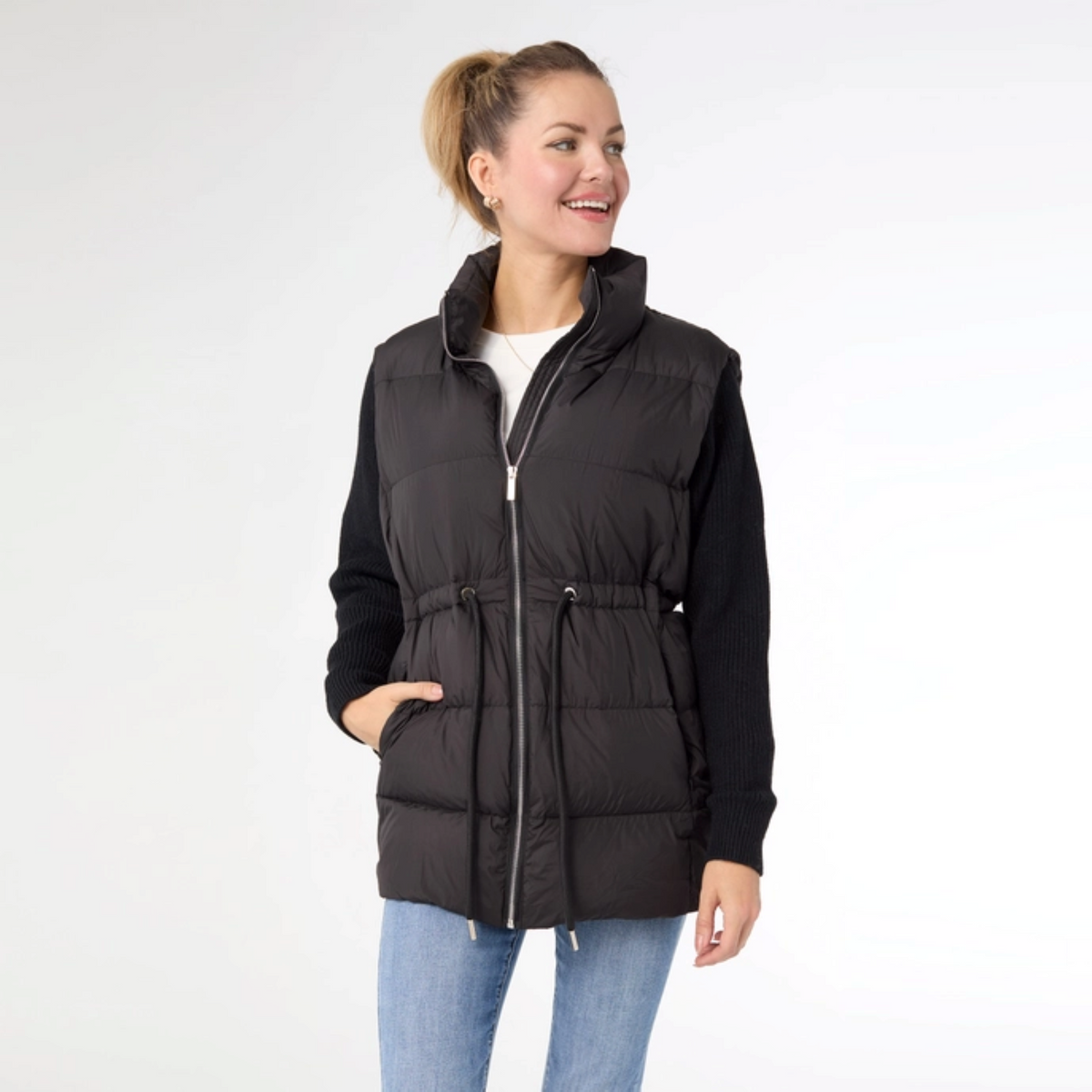 Claire Down Puffer Jacket with Knit Sleeve  - Black
