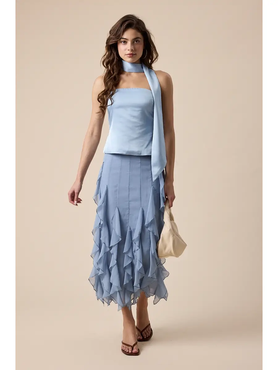 Sheer High-Waist Tiered Ruffle Lace Midi Skirt