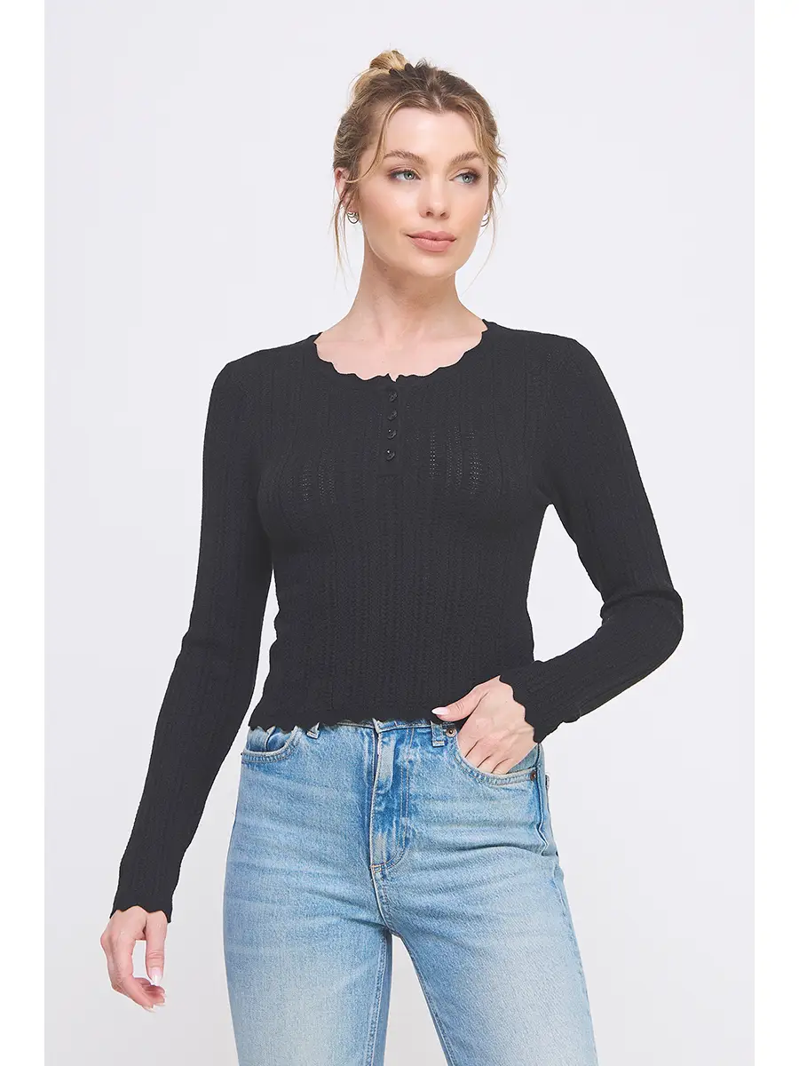 Pointelle Henley Sweater with Scalloped Edge - Black
