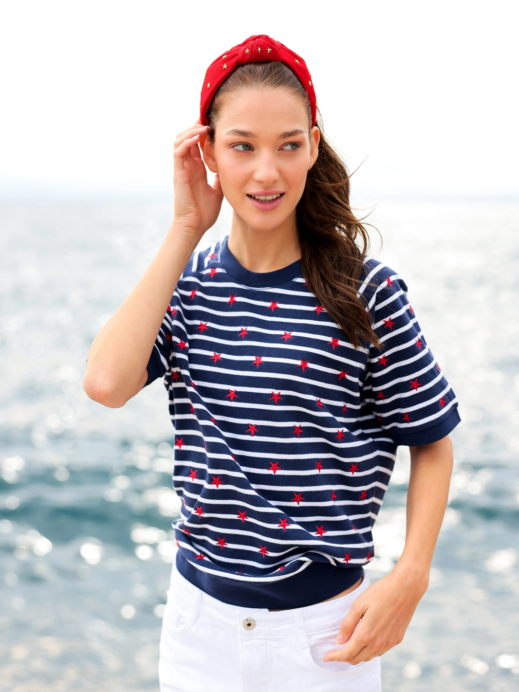 Stripes Lightweight Short Sleeve Sweatshirt - Navy