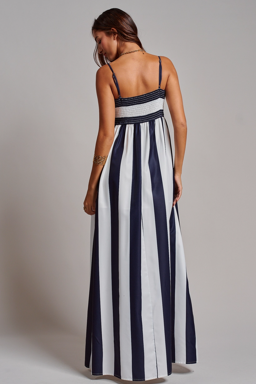 Vertical Stripe Smocked Back Maxi Dress - Ivory Navy