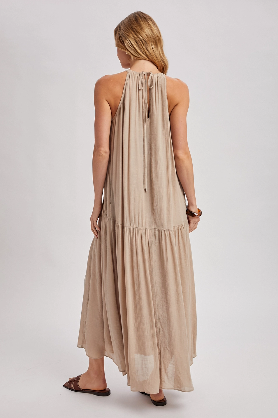 Gathered Halter Neck Flowy Maxi Dress - Beige