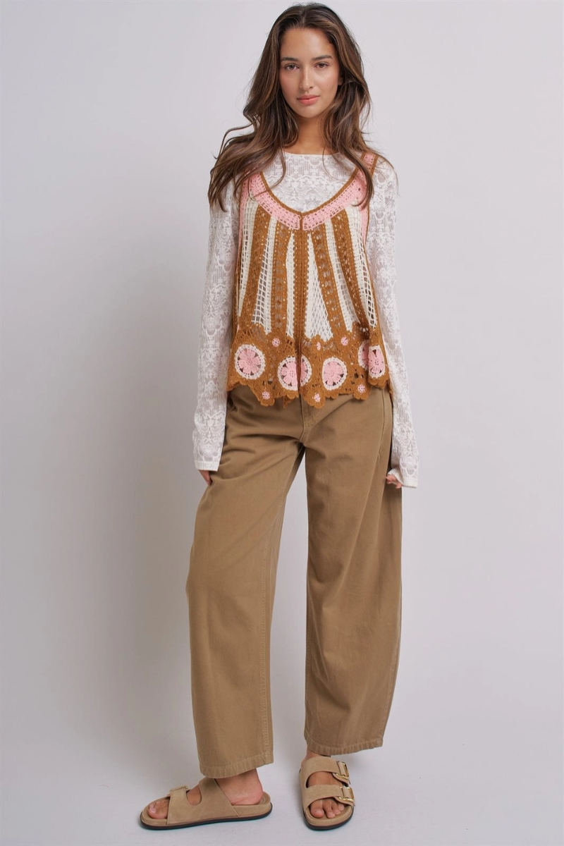 Cotton Barrel Leg High Rise Pants Camel - Front View