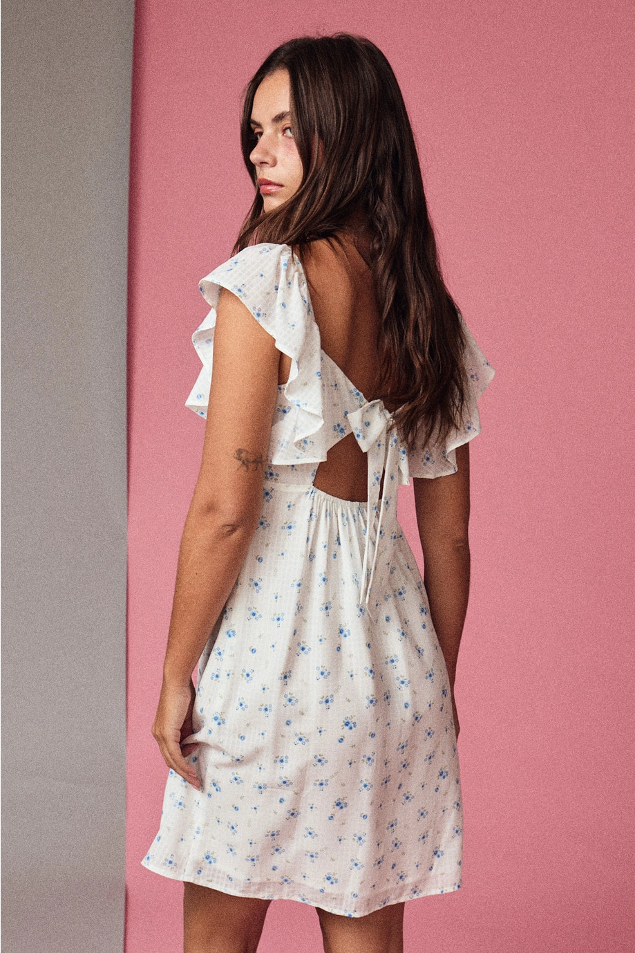 Floral Ruffle Sleeve Mini Dress - White/Blue