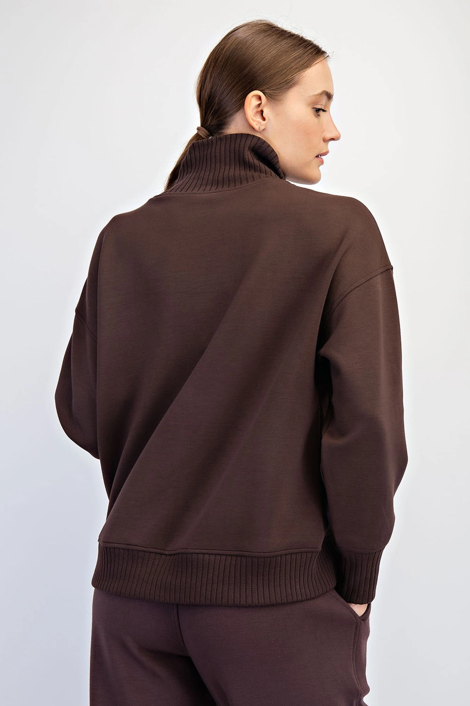Modal Scuba Ribbed Mock Neck Pullover - Espresso