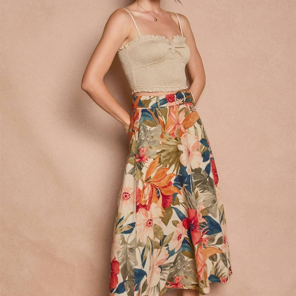 Countryside Bird Buckled Midi Skirt
