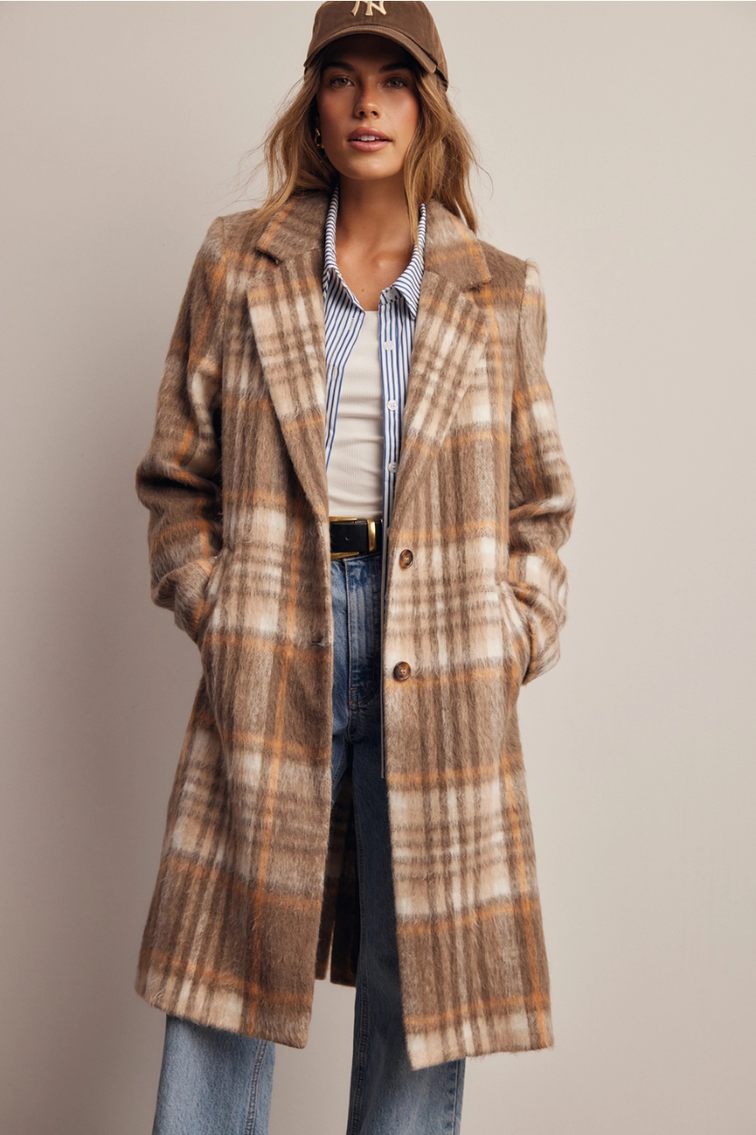 Plaid Brushed Long Coat - Macchiato