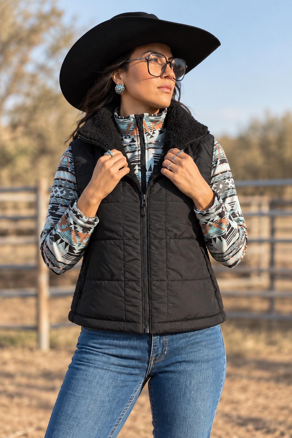 Women’s Reversible Polyfill Sherpa Crop Vest – Black