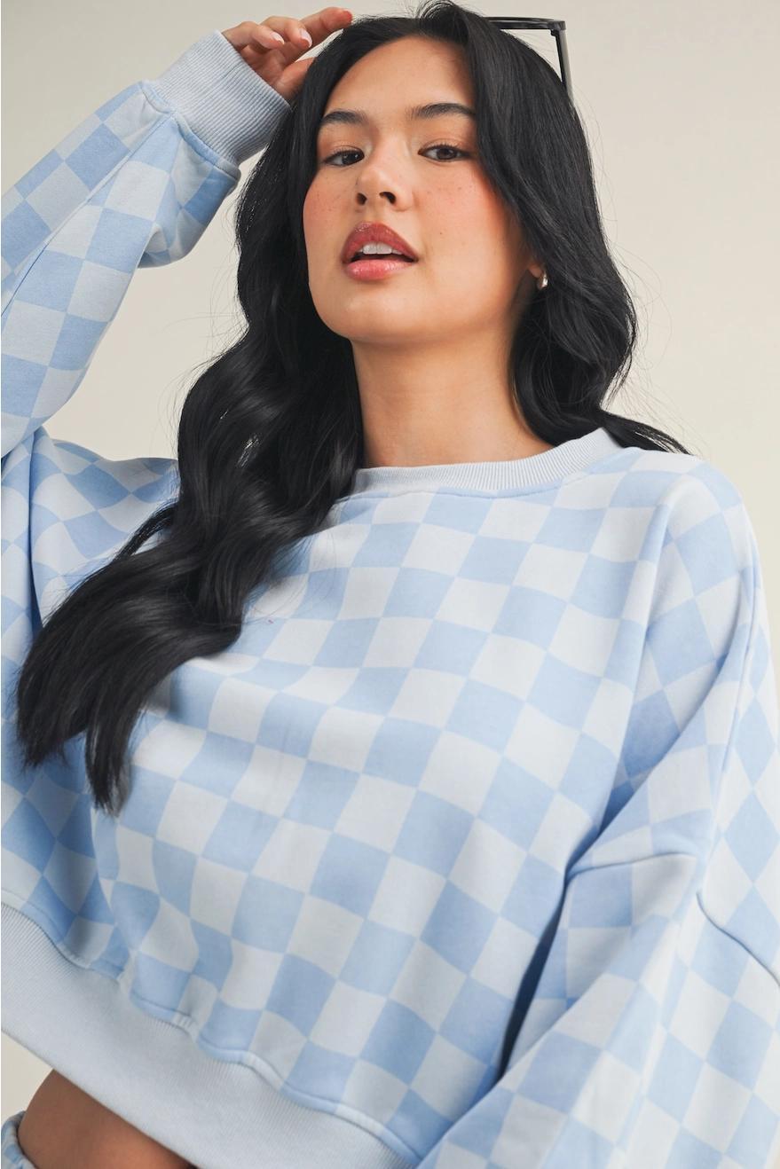 Checkered Print Crewneck Crop Sweatshirt