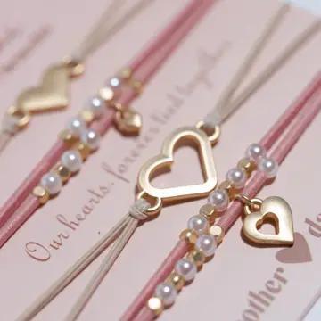 Mother / Daughter Pink with Pearls and Gold Hearts Shareable Hair Tie Bracelets