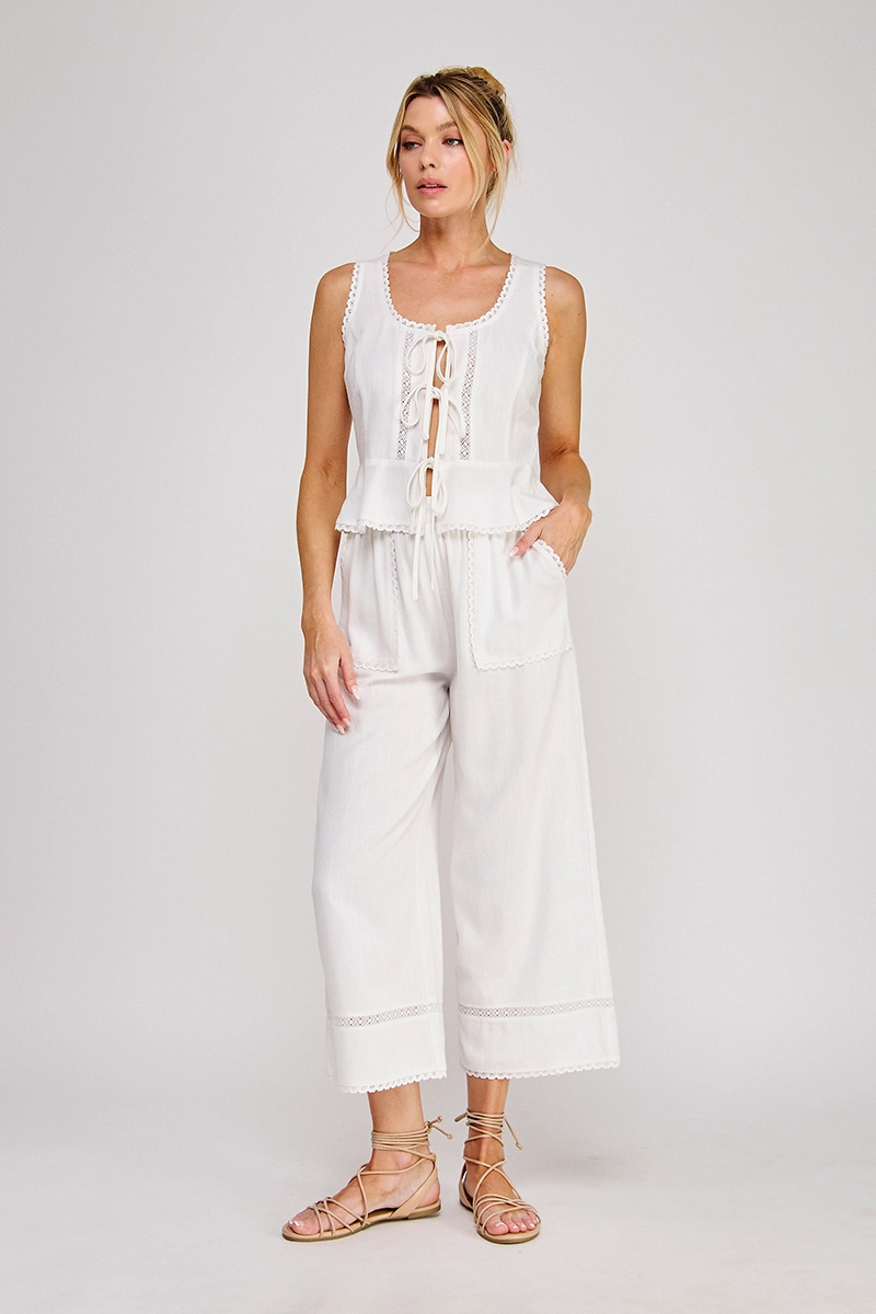 3-Tie Lace Detail Linen Blend Peplum Tank - Off White
