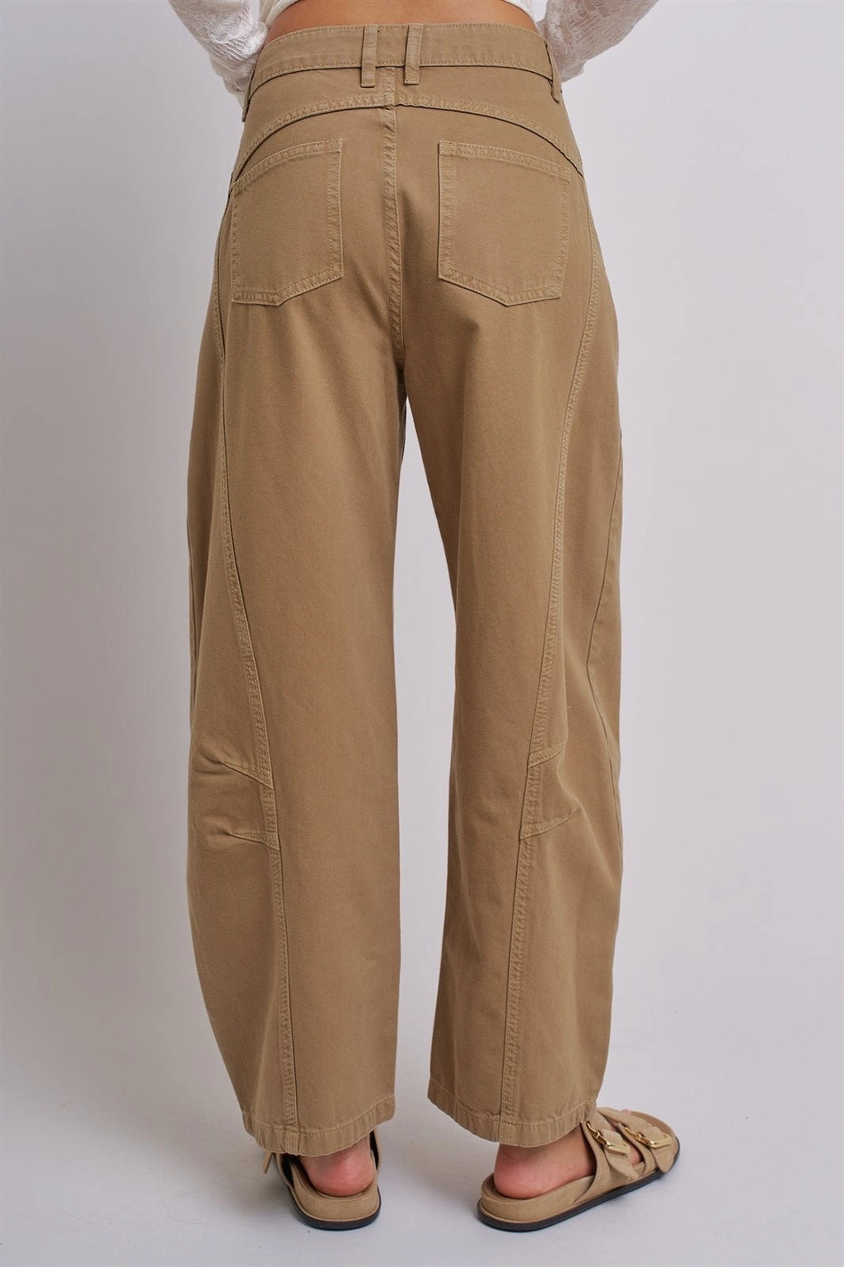 Cotton Barrel Leg High Rise Pants - Camel