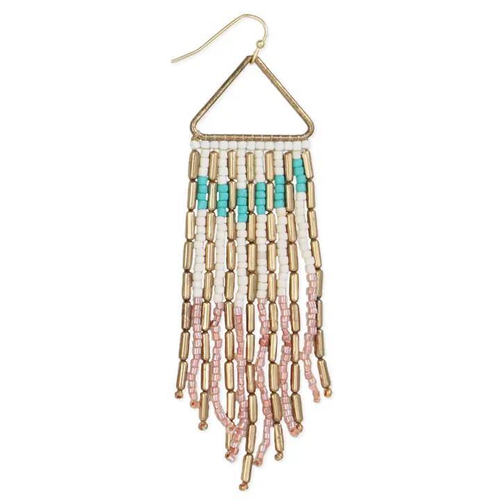 Gold Peach Beaded Fringe Half Circle Earrings