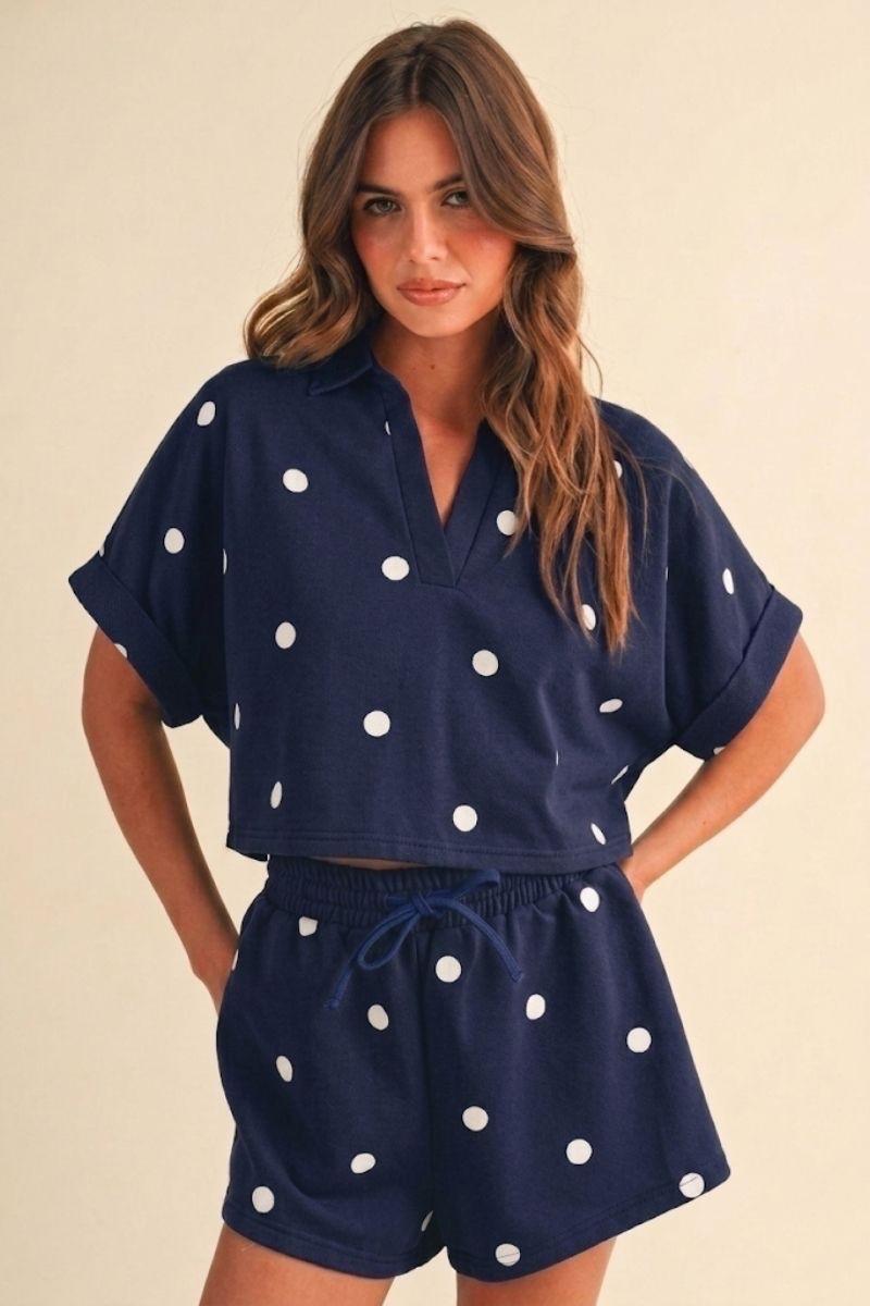 Polka Dot Short Sleeved Collared Top - Navy/White