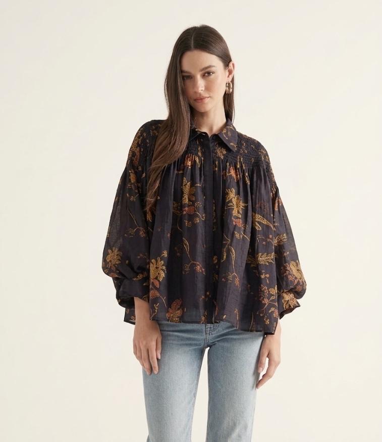 Floral Balloon Sleeve Blouse - Chocolate Camel