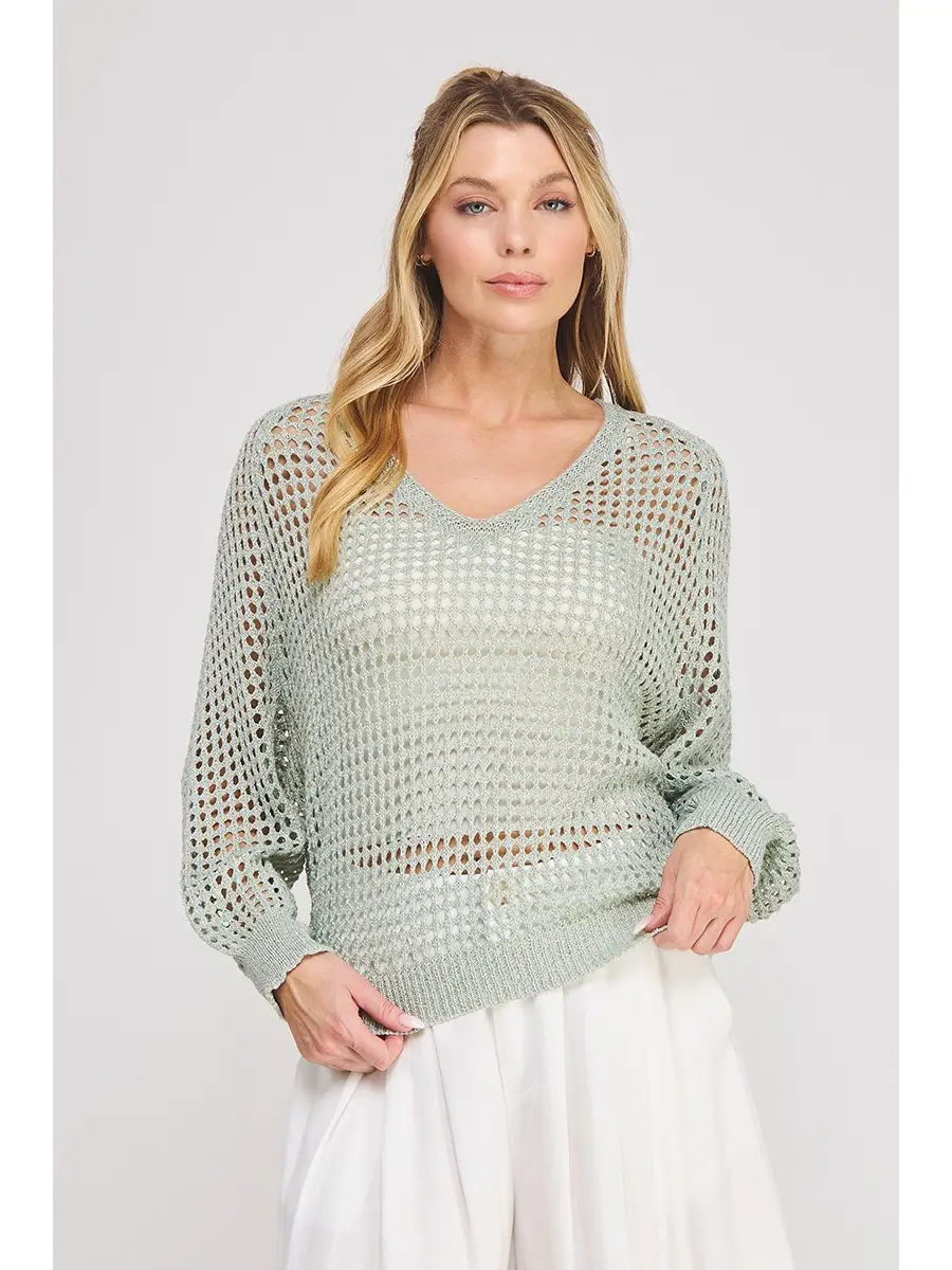 Long Sleeve Open Weave Foil Knit Sweater