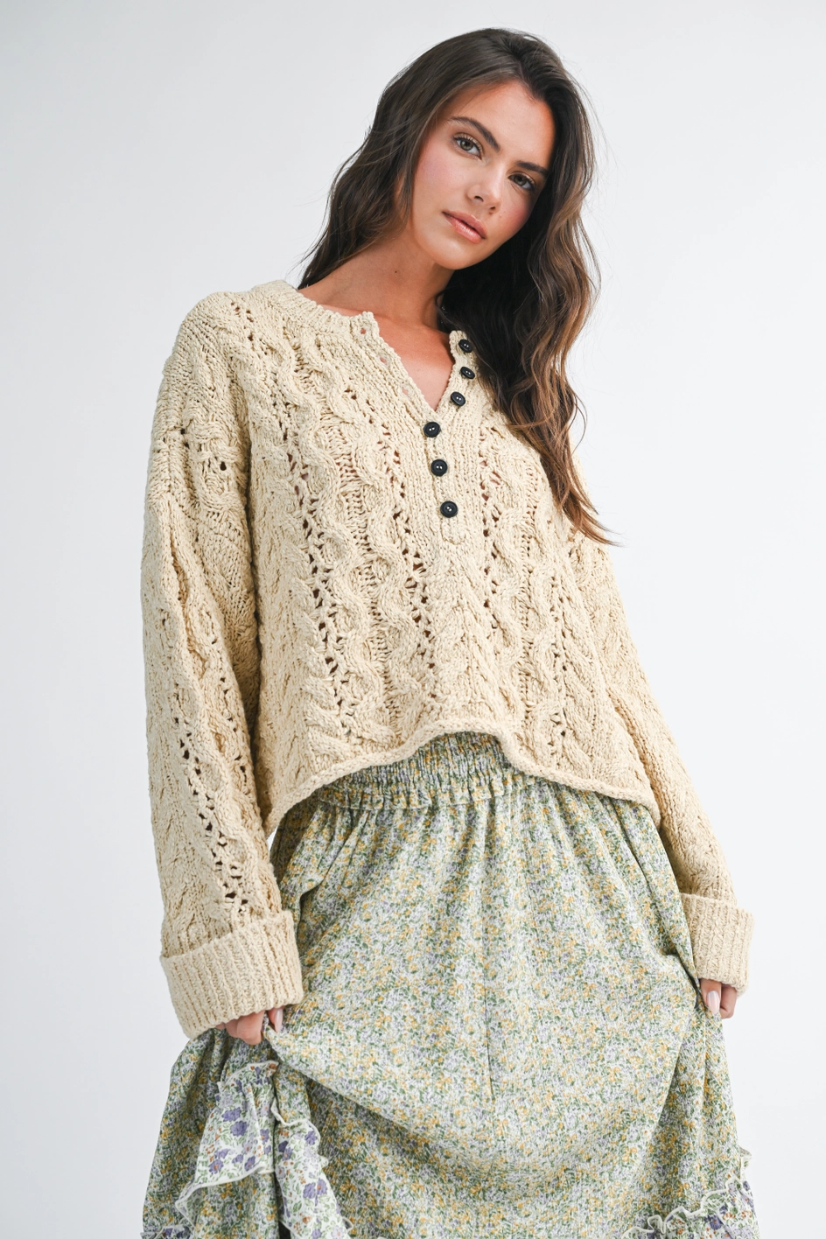 Textured Cropped Henley Knit Sweater