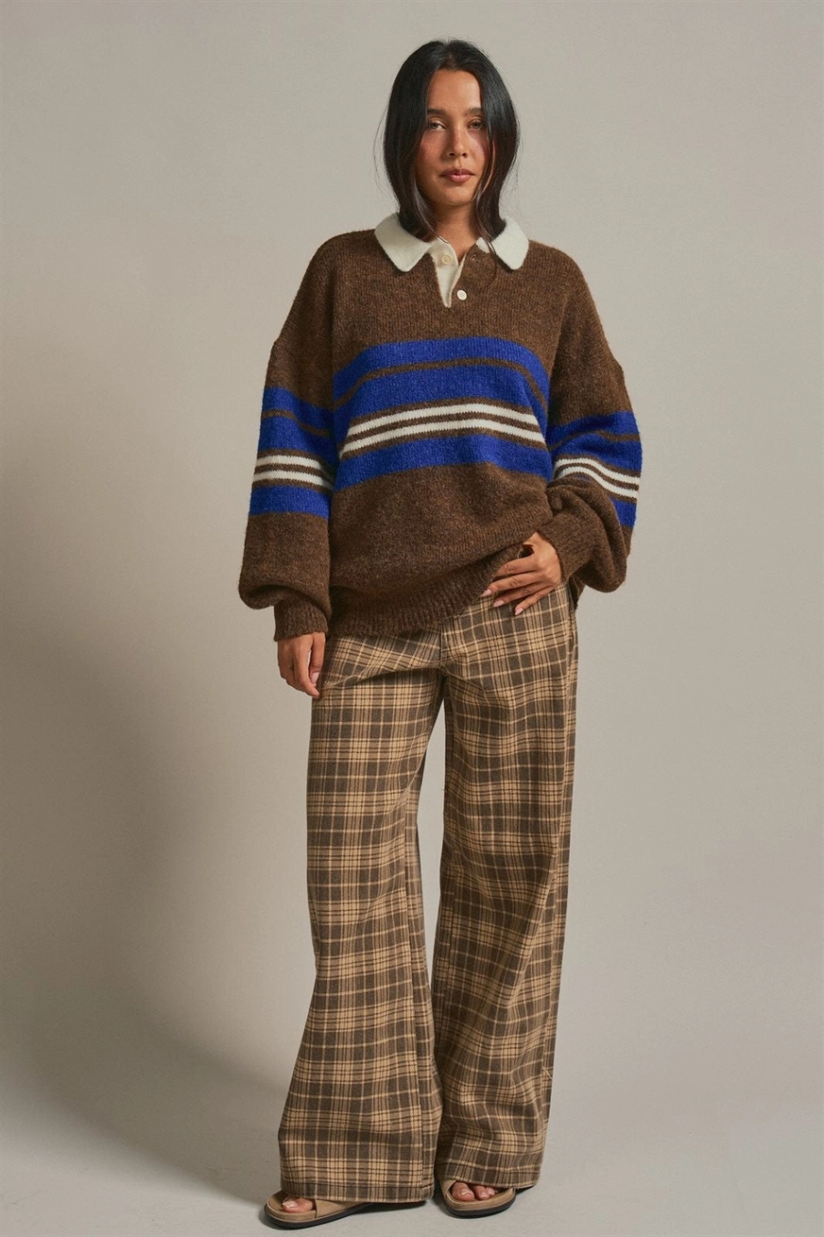 Striped Rugby Polo Sweater with Contrast Collar - Brown