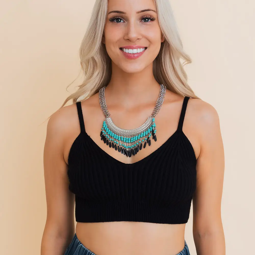Turquoise Bohemian Fringe Bib Necklace