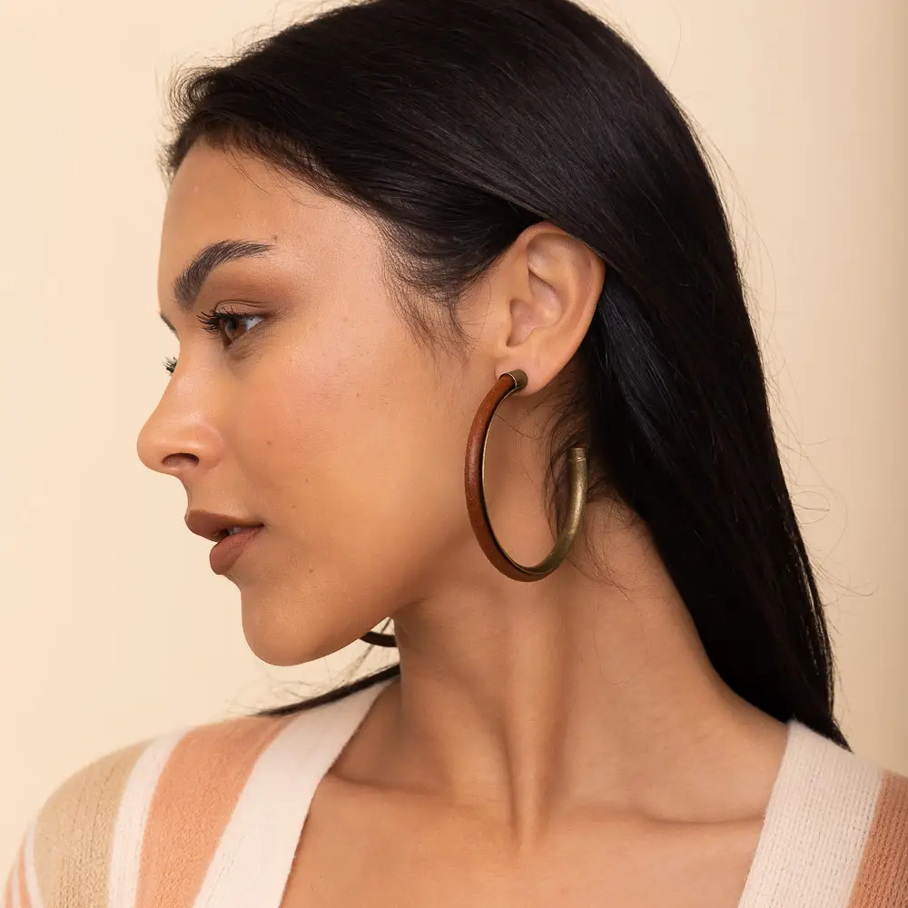 Leather & Brass Hoop Earrings