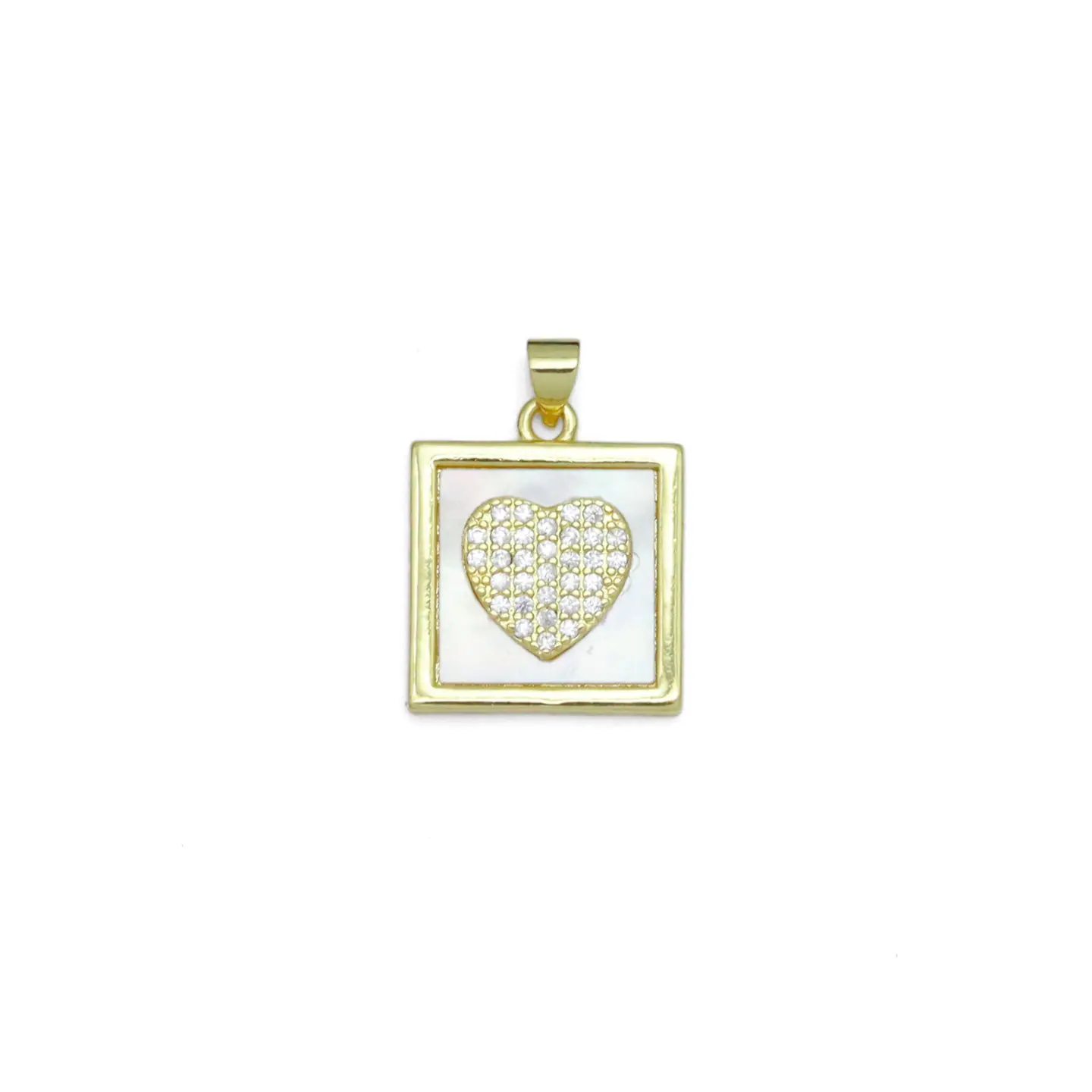 Gold Clear Cz Heart On Square Mother of Pearl Charm Pendant