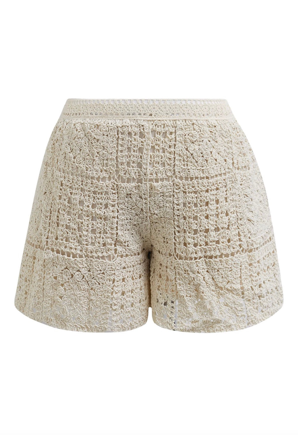 Elastic Waist Open-Knit Crotchet Shorts - Ivory