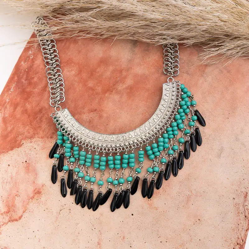 Turquoise Bohemian Fringe Bib Necklace