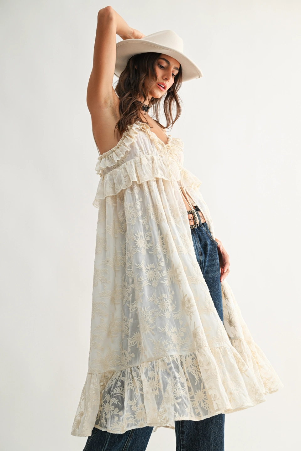 Sheer Floral Lace Ruffle Cover Up Top - Cream