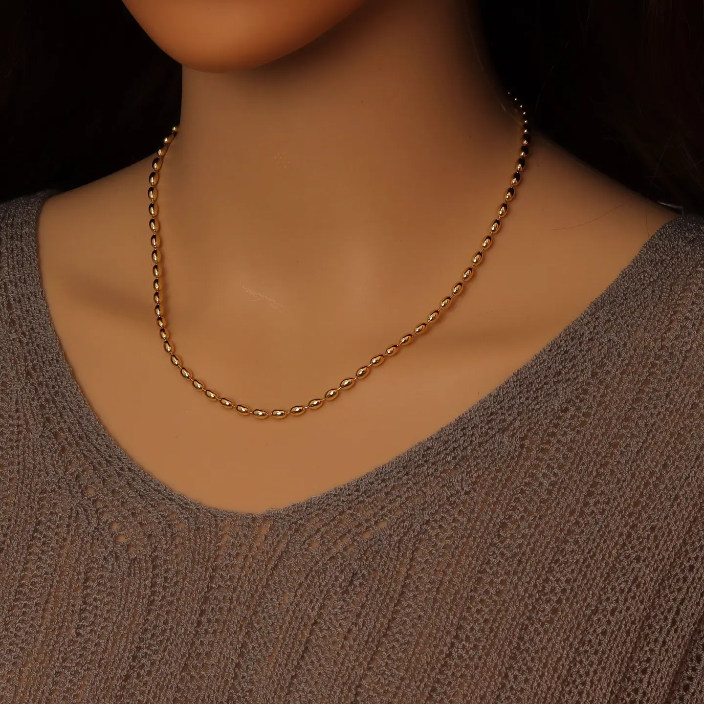 Gold Rice Shaple Beads Link Adjustable Necklace