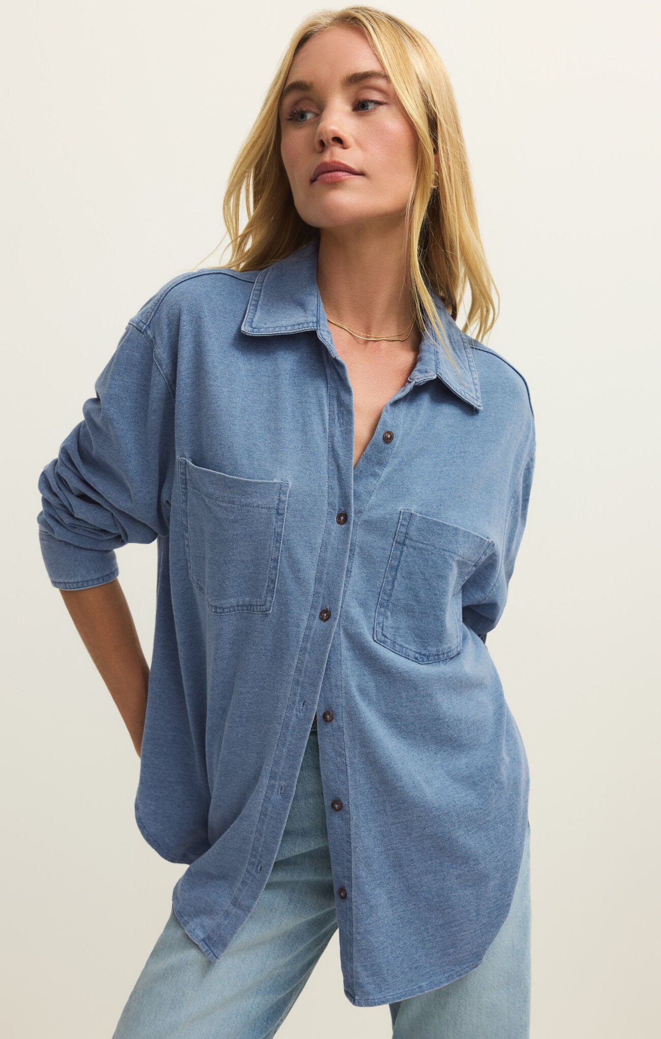 Reese Jersey Denim Button Up - Santorini Indigo