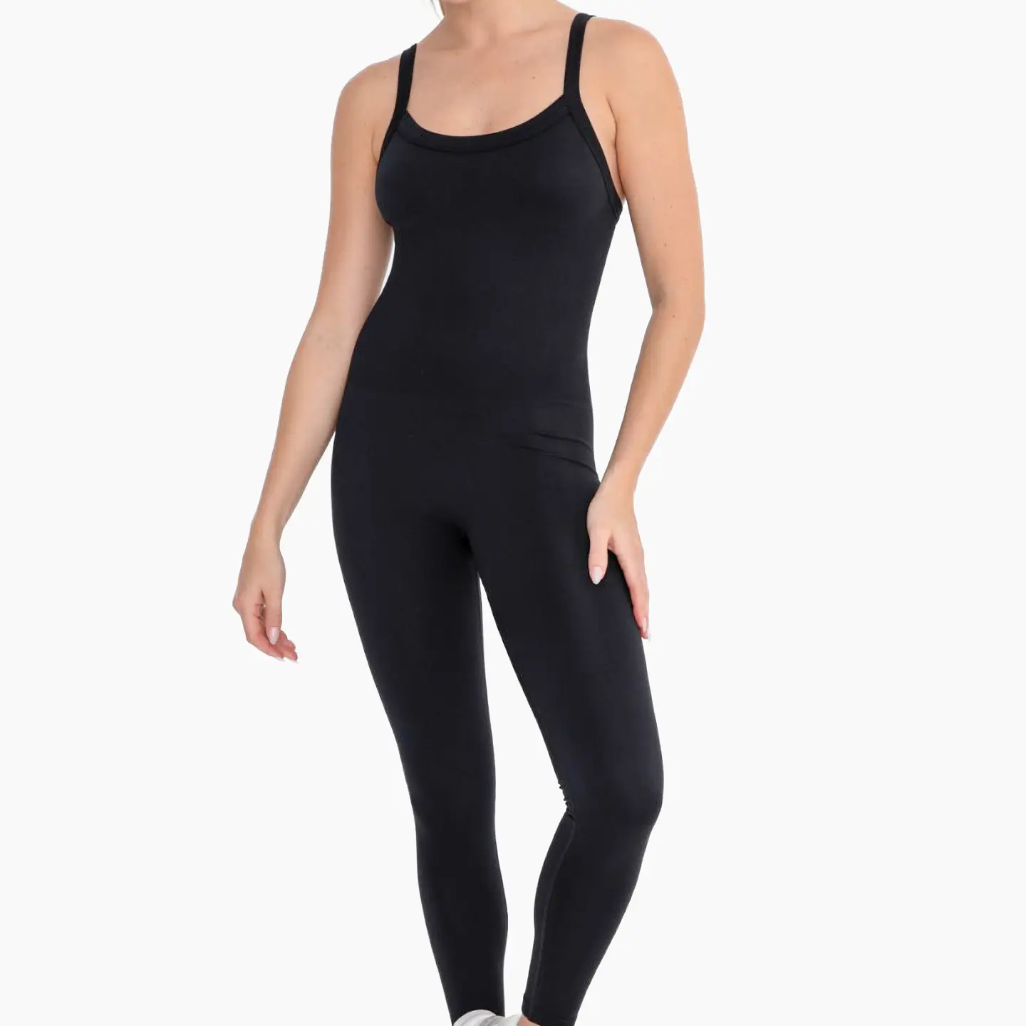 Full Length Seamless Micro-Ribbed Unitard Jumpsuit - Black