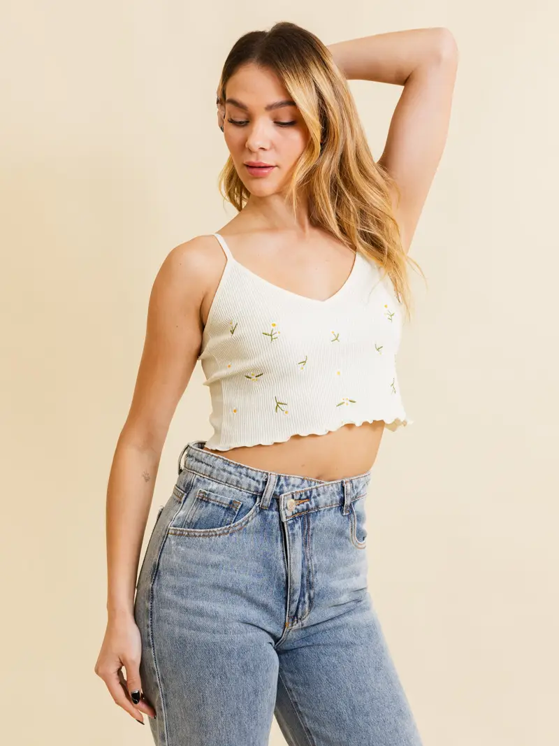 Daisy Embroidered Ribbed Lettuce Edge Brami