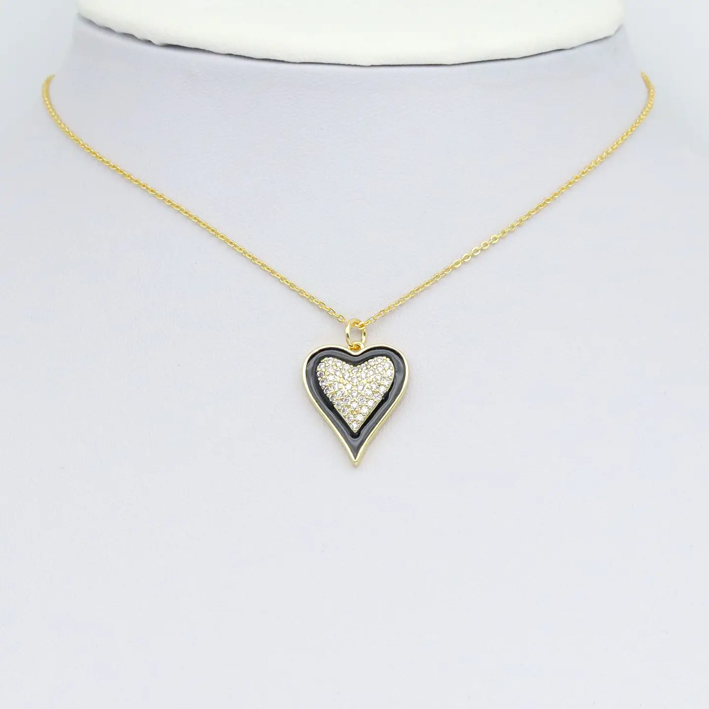 Clear Cz Black Enamel Gold Heart Charm Pendant