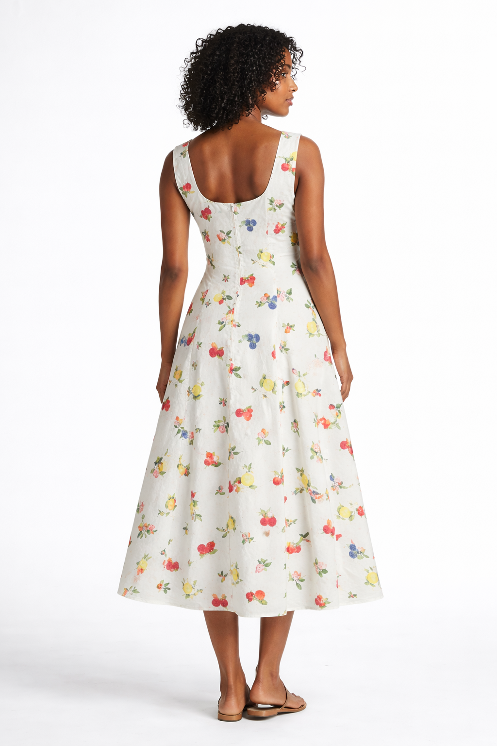 Fruit Print Paneled Midi Dress - White Multi