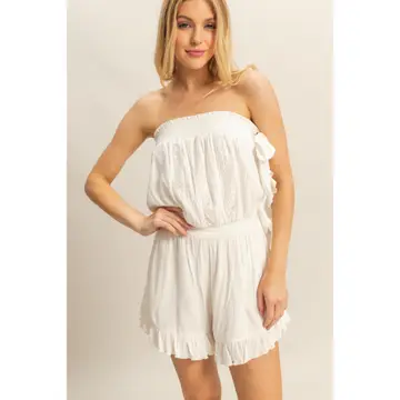 Tube Top Strapless Ruffle Detail Romper - Off White