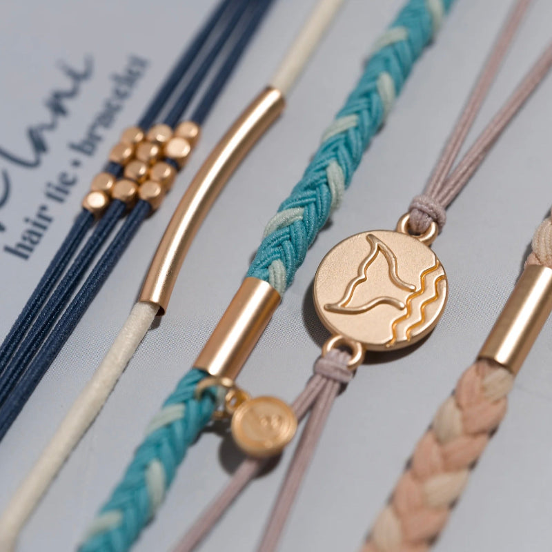 K'lani Hair Tie Bracelets "Protect" Beachy Blues & Sands With Whale Charm Hair Tie Bracelets
