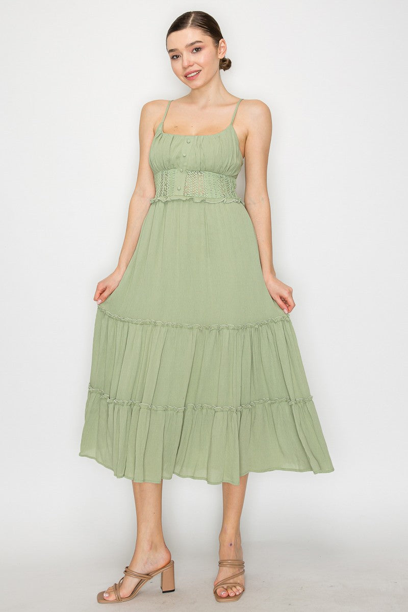 Crotchet Tiered Maxi Dress - Light Olive