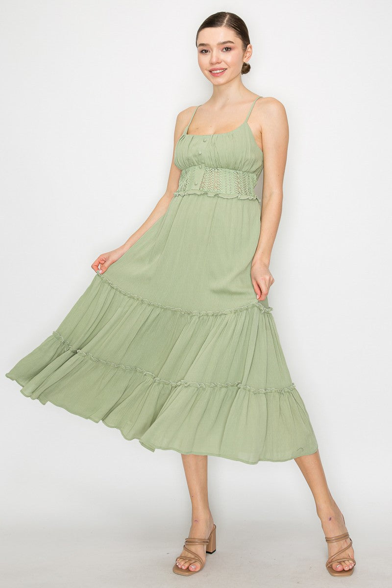 Crotchet Tiered Maxi Dress - Light Olive