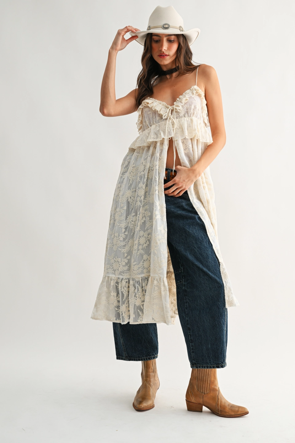 Sheer Floral Lace Ruffle Cover Up Top - Cream