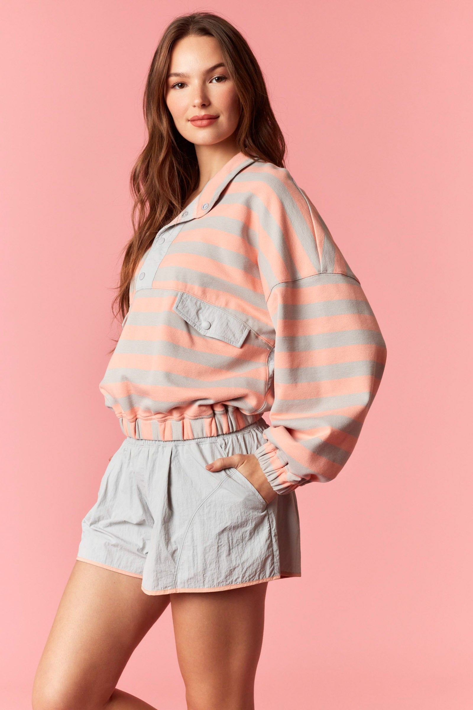 Stripe French Terry Semi Button Up Top - Grey/Salmon